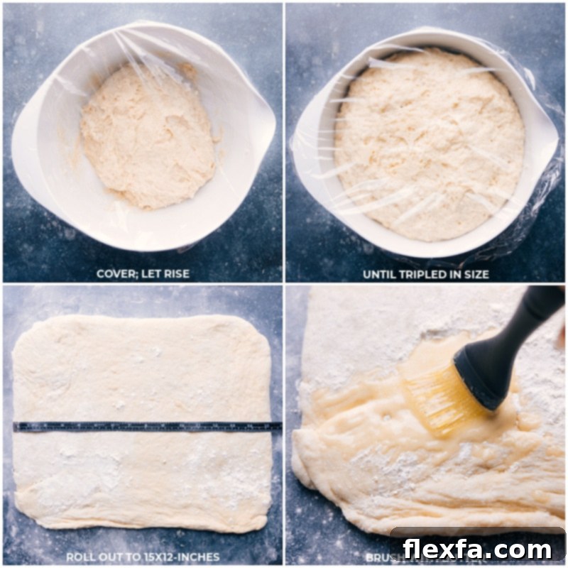 Process shots: Covering dough to rise, rolling into a rectangle, brushing with butter for this no-knead easy cinnamon roll recipe.