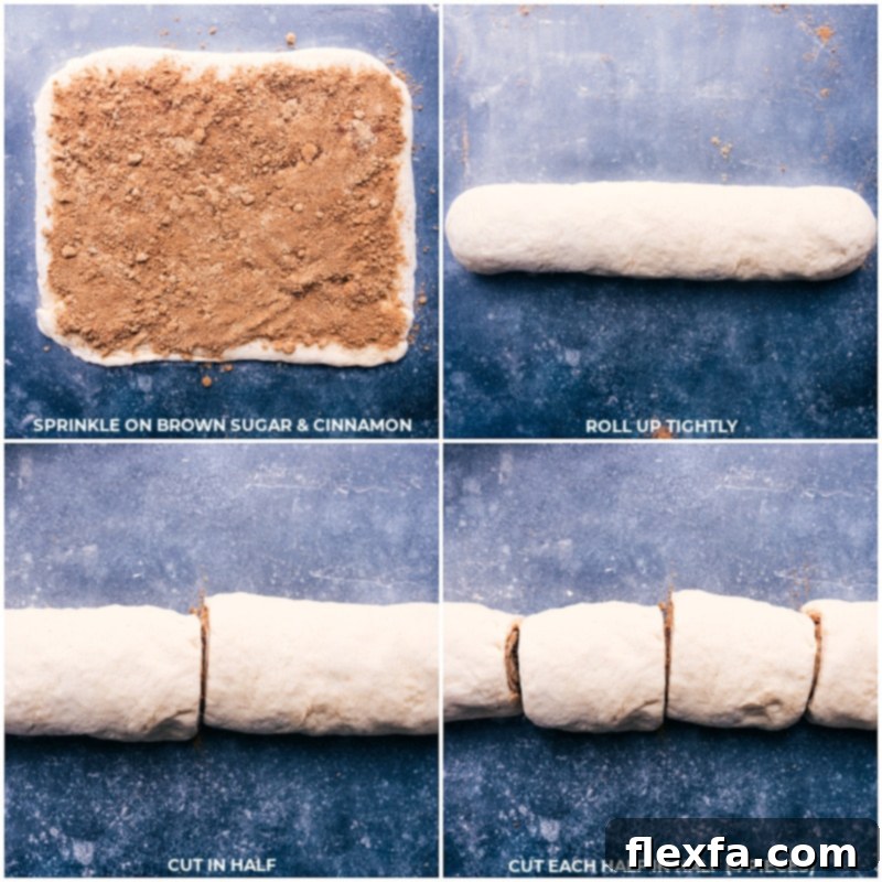 Process shots: Sprinkling brown sugar and cinnamon, rolling dough tightly, cutting in half, then into smaller pieces for homemade cinnamon rolls.