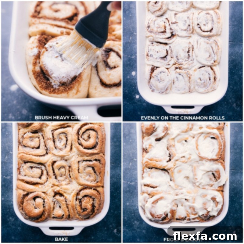 Process shots: Brushing heavy cream over unbaked rolls, baking them to golden perfection, then frosting and serving the easy cinnamon rolls.