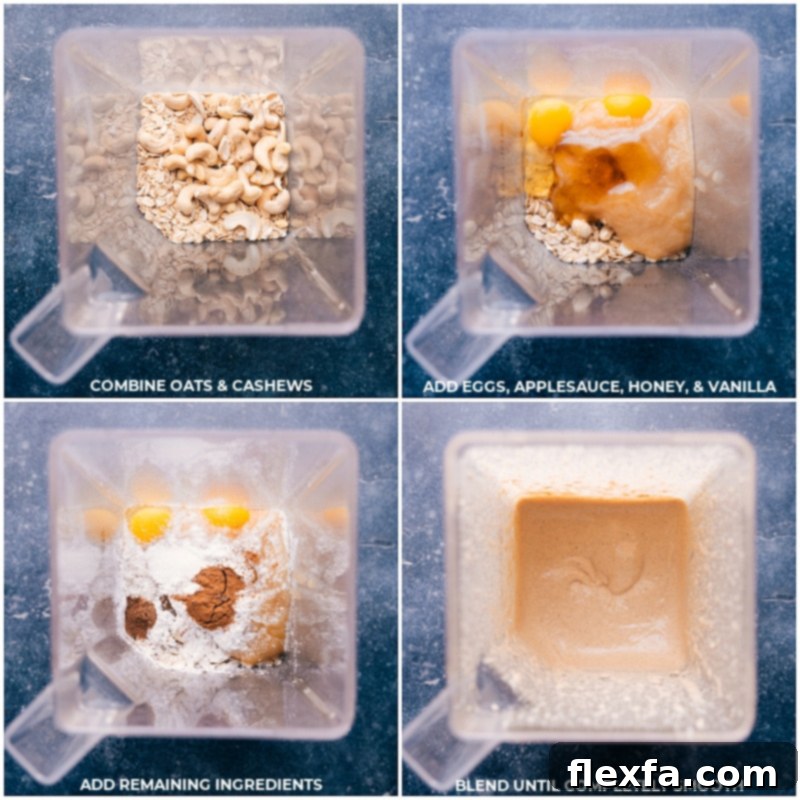 Step-by-step images showing dry ingredients like oats and cashews, followed by wet ingredients such as eggs, applesauce, honey, and vanilla, being added sequentially to a high-speed blender. The final image shows the ingredients smoothly blending into a creamy batter.