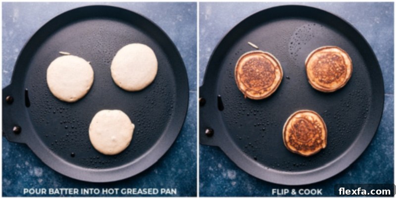 Close-up process shots illustrating applesauce pancakes cooking on a griddle, showcasing perfectly golden-brown exteriors and active bubbling batter, indicating they are ready to be flipped.
