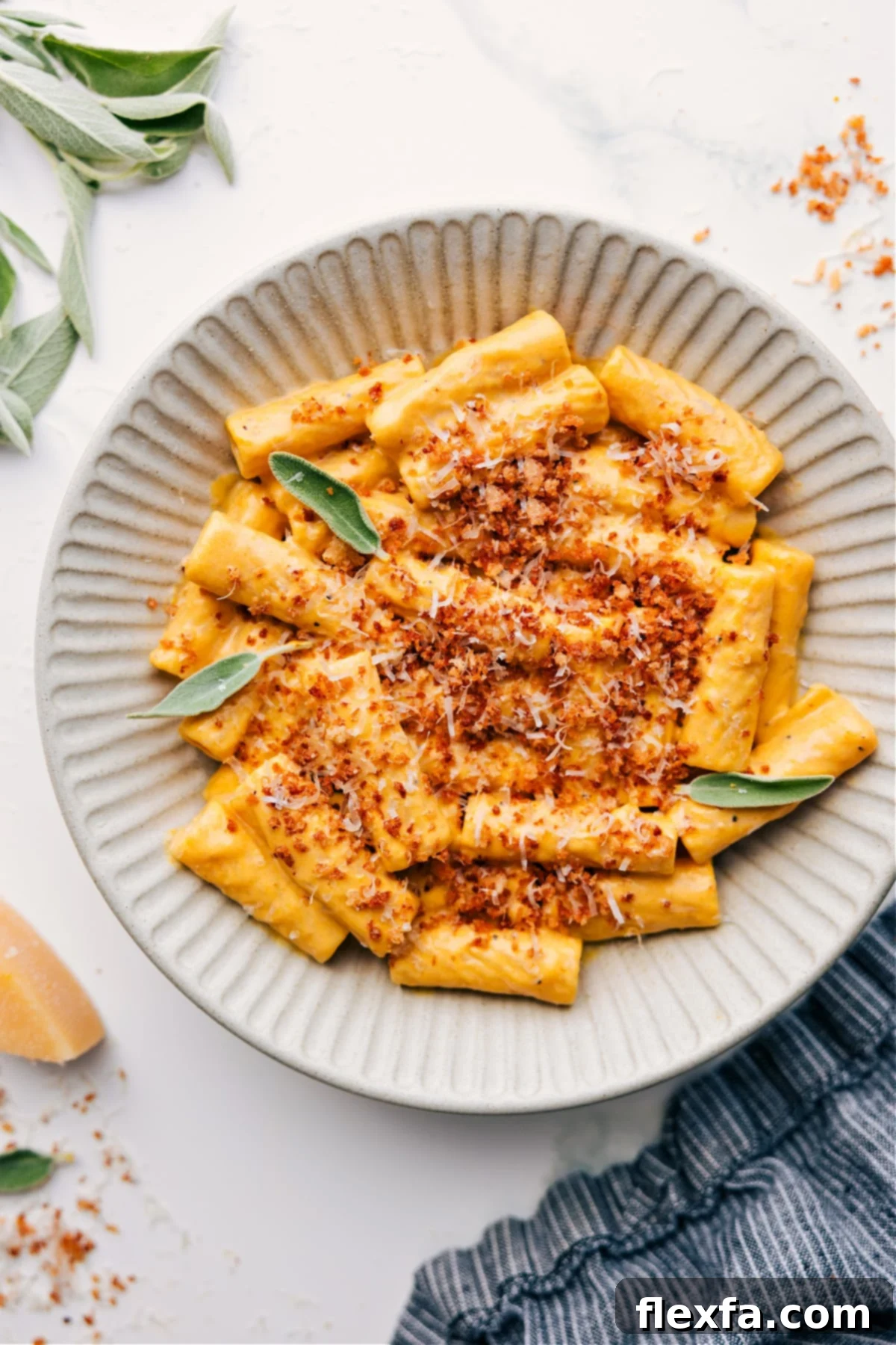 Creamy Pumpkin Pasta Recipe served in a rustic bowl, generously garnished with golden crispy sage breadcrumbs and freshly grated Parmesan cheese, invitingly ready to be enjoyed.