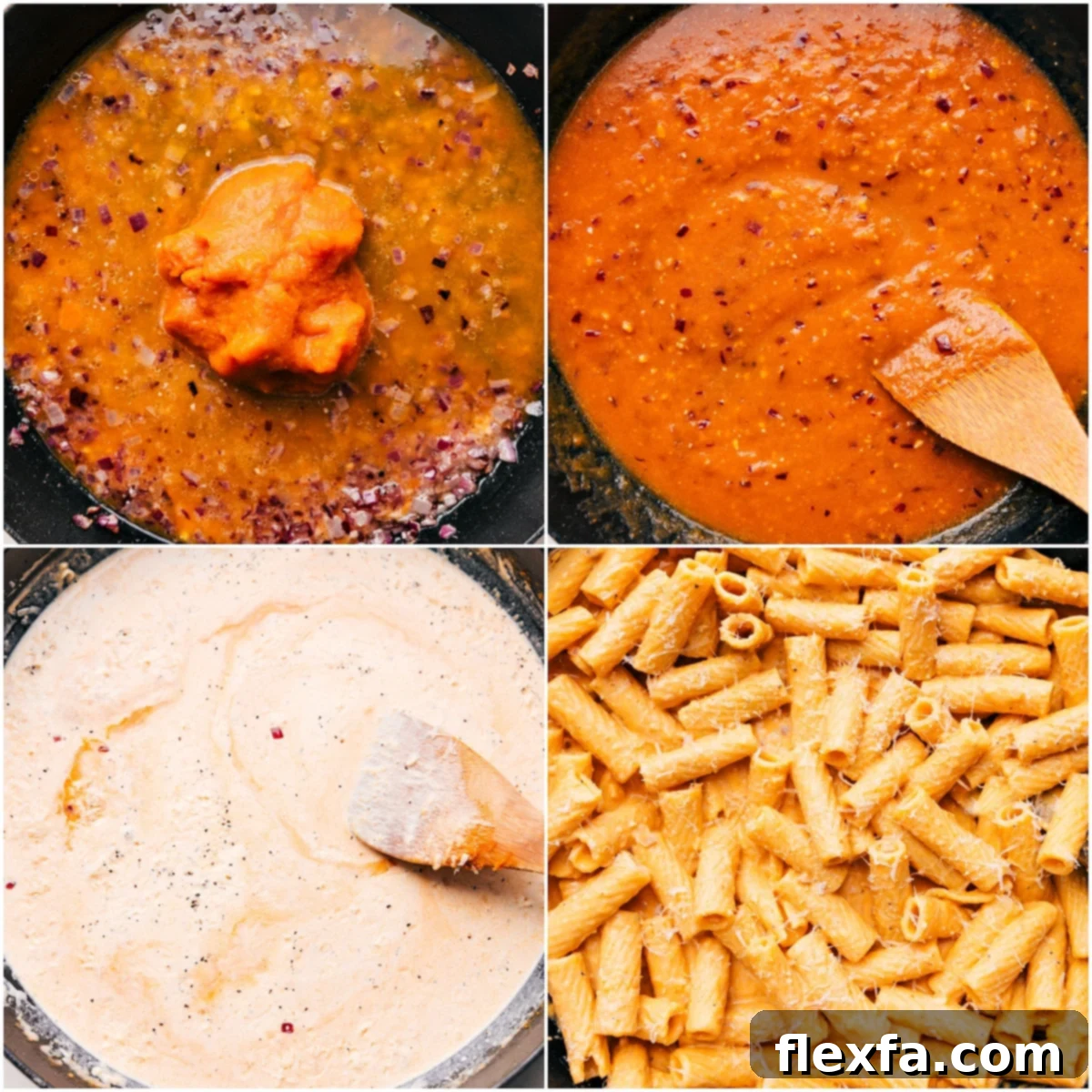 Close-up of creamy pumpkin pasta in a pot with sauce clinging to rigatoni noodles, showing its perfect consistency before serving, ready to be plated.