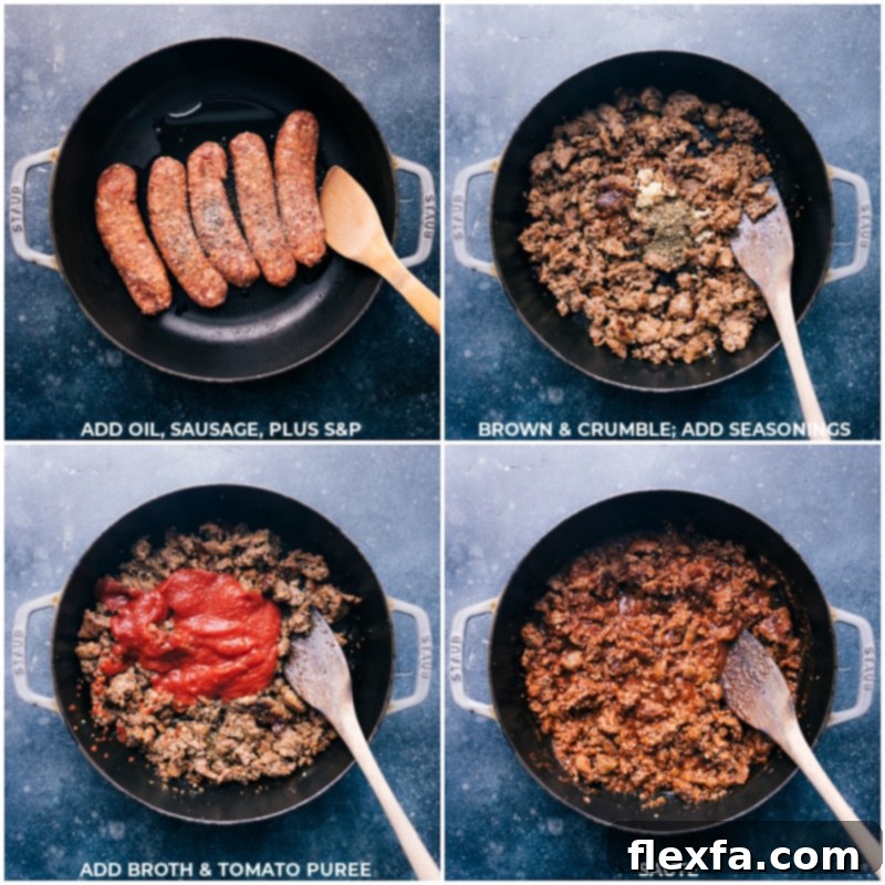 The process of browning Italian sausage in a pan with seasonings, followed by adding chicken broth and tomato puree to create the sauce base.