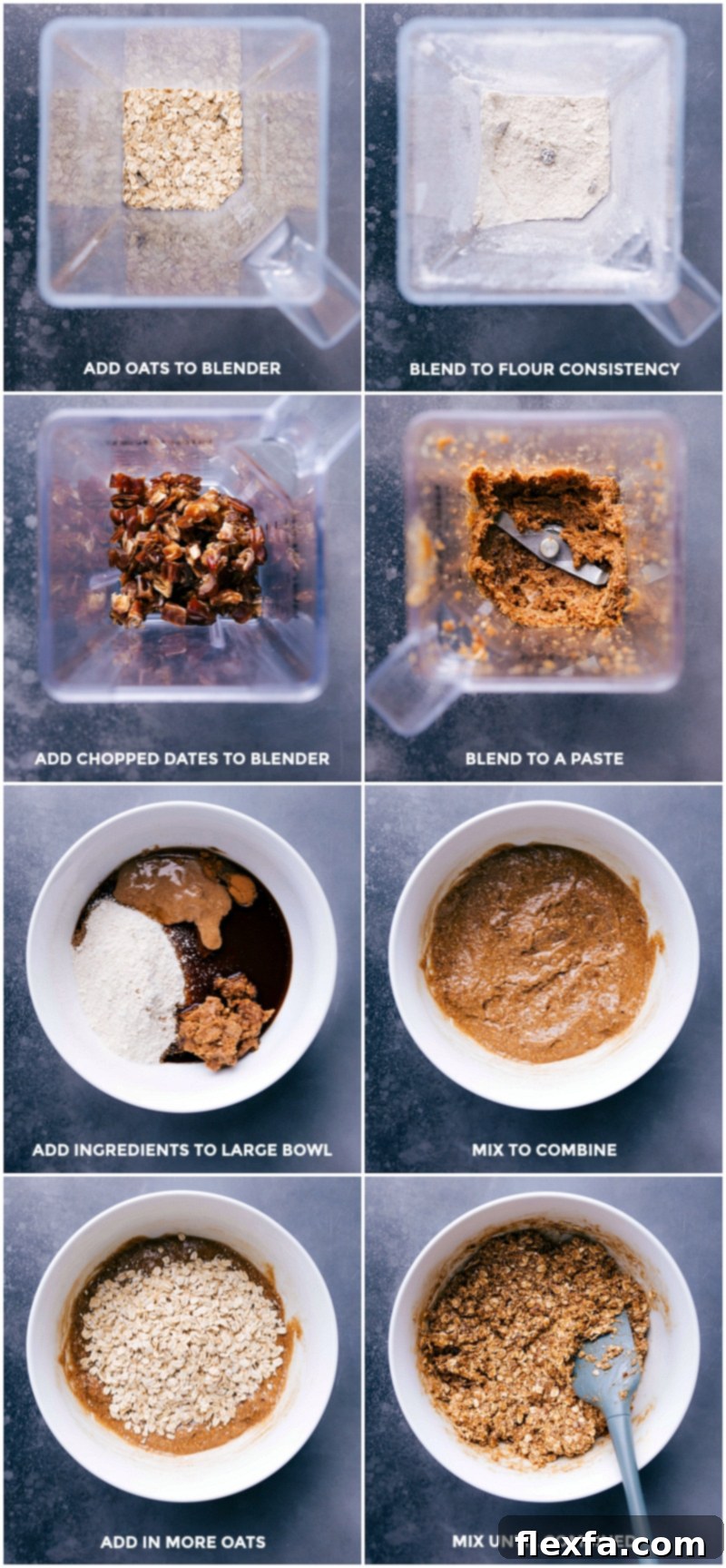 Process shots showing blending oats, dates, and combining ingredients for no-bake granola bars