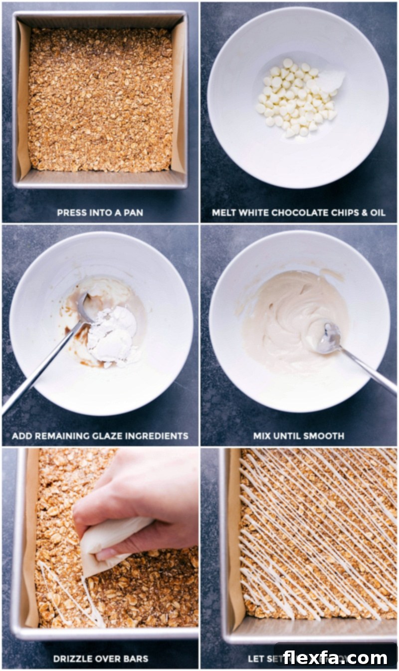 Process shots illustrating pressing the granola mixture into a pan, making the glaze, and drizzling it over the bars