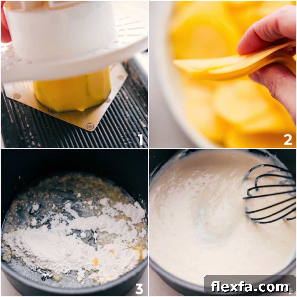 Layering thinly sliced potatoes with creamy cheese sauce and herbs for Au Gratin Potatoes.