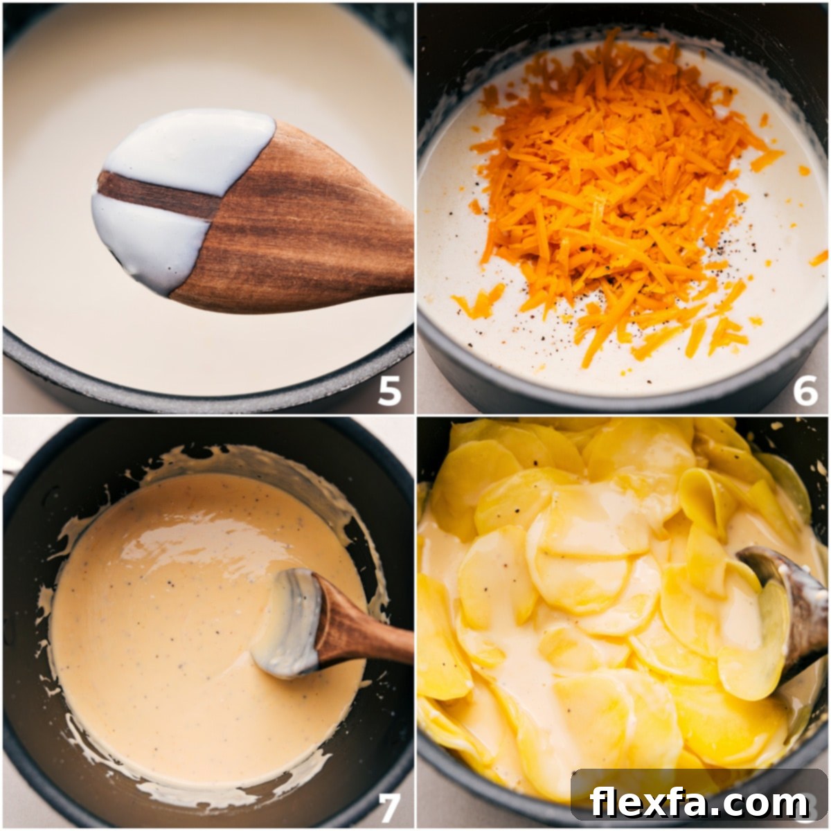The rich, creamy cheese sauce coats the potatoes, creating a luscious texture for Au Gratin Potatoes.