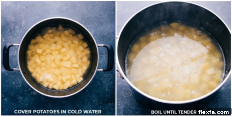 Process shots showing cubed potatoes covered in cold water in a large pot, ready to be boiled until tender, a crucial step for perfectly cooked creamed potatoes.