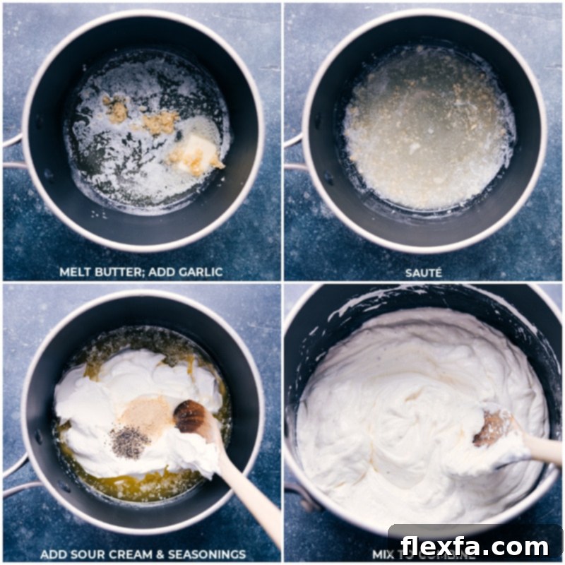 Process shots depicting butter melting in a pot, minced garlic being added and sautéed until fragrant, followed by sour cream and seasonings being whisked in to combine into a smooth sauce.