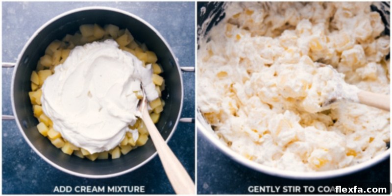 Process shots illustrating the final step: adding the sour cream mixture to the cooked potatoes and gently stirring to coat each piece, ensuring even distribution of the creamy sauce.