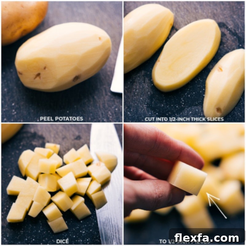 Close-up of Yukon Gold potatoes being peeled and diced into perfect cubes, ready for the Cheesy Potatoes recipe.
