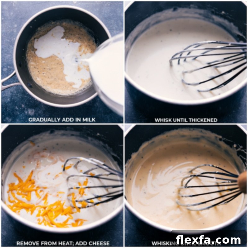 Making the creamy cheese sauce for Cheesy Potatoes: adding milk and freshly shredded sharp cheddar cheese to a pot, then whisking until smooth and melted.