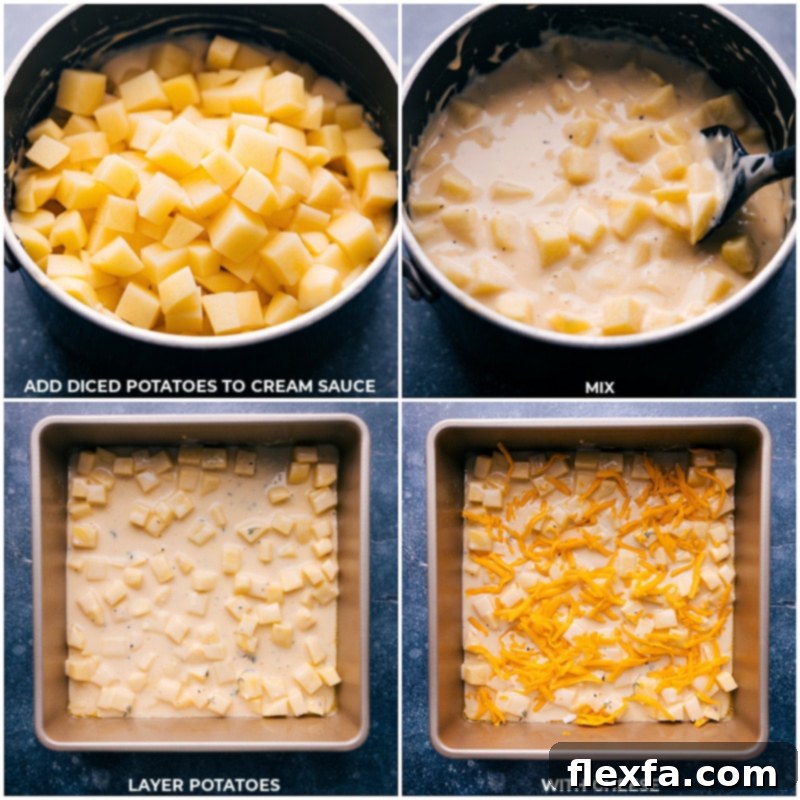 Adding cheese-coated potatoes to a baking pan, layering with extra cheese, and preparing for oven baking.