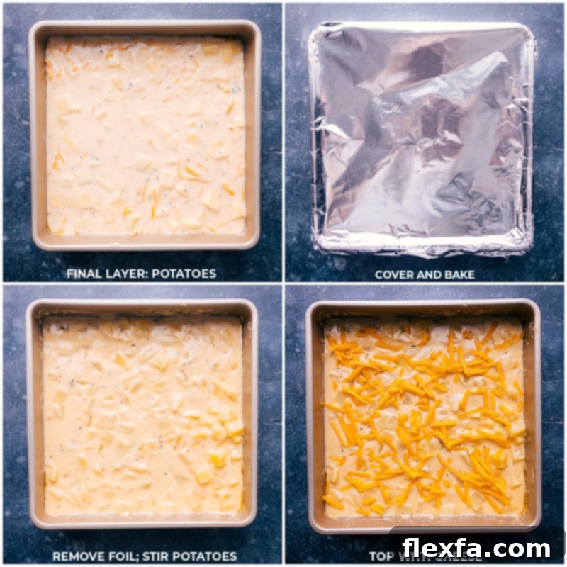 The ultimate Cheesy Potatoes casserole, baked until golden and bubbly, with a final layer of cheese melted perfectly on top.