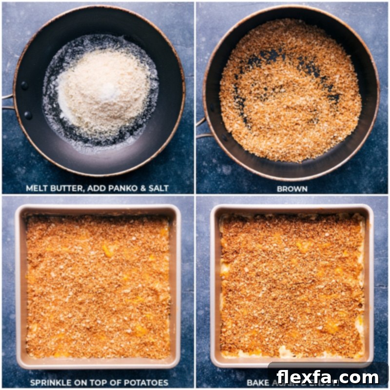 Golden-brown panko breadcrumb topping being sprinkled over a bubbling Cheesy Potatoes casserole before its final bake.
