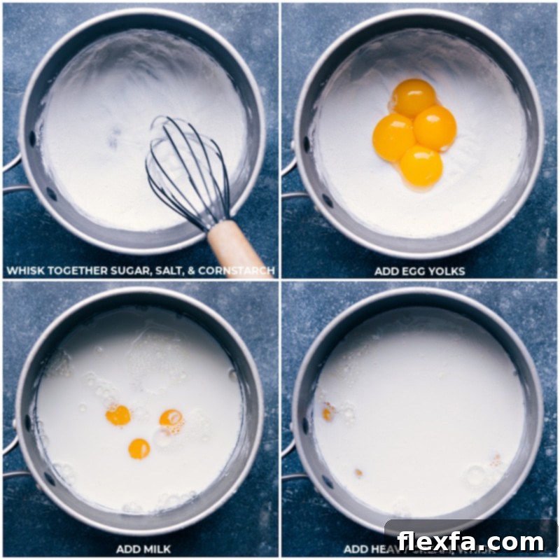 Process shots showing sugar, salt, cornstarch, egg yolks, milk, and heavy cream being carefully whisked together in a saucepan on the stovetop