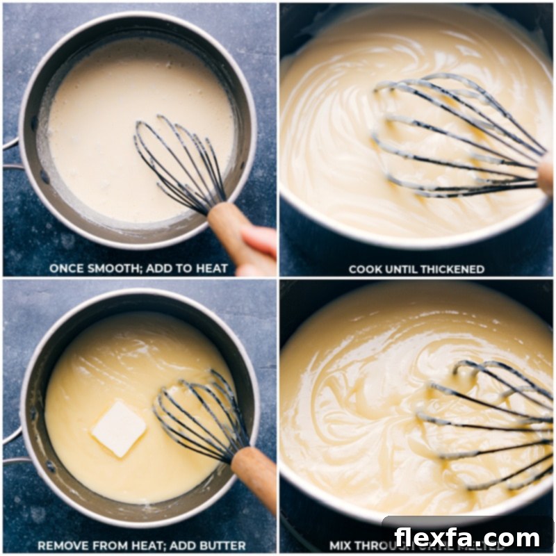 Process shots of unsalted butter being gently added to the warm custard mixture in a pot and whisked until fully incorporated