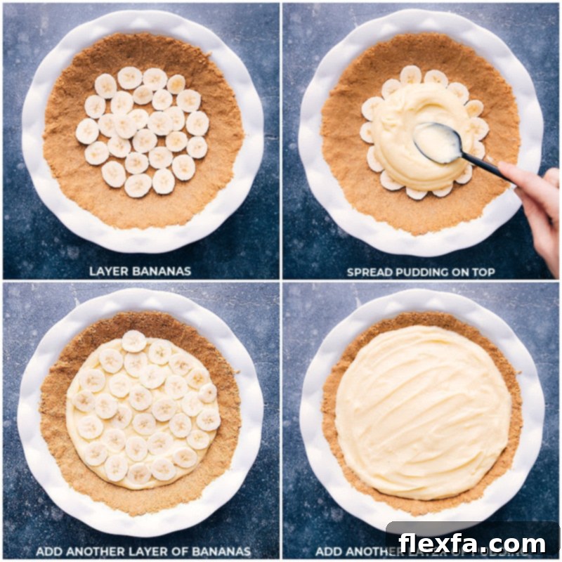 Process shots showing the layering of bananas and pudding into the baked graham cracker crust, repeated for a luscious, multi-layered pie