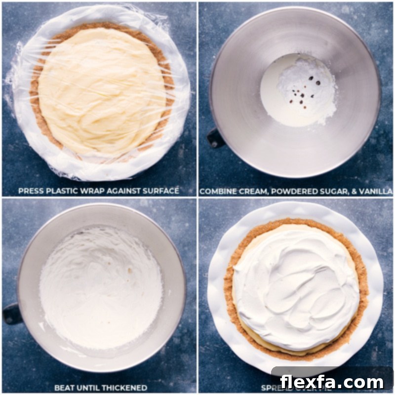 Images showing the Banana Cream Pie chilling in the refrigerator, followed by luscious whipped cream being whisked to perfection and then spread over the chilled pie