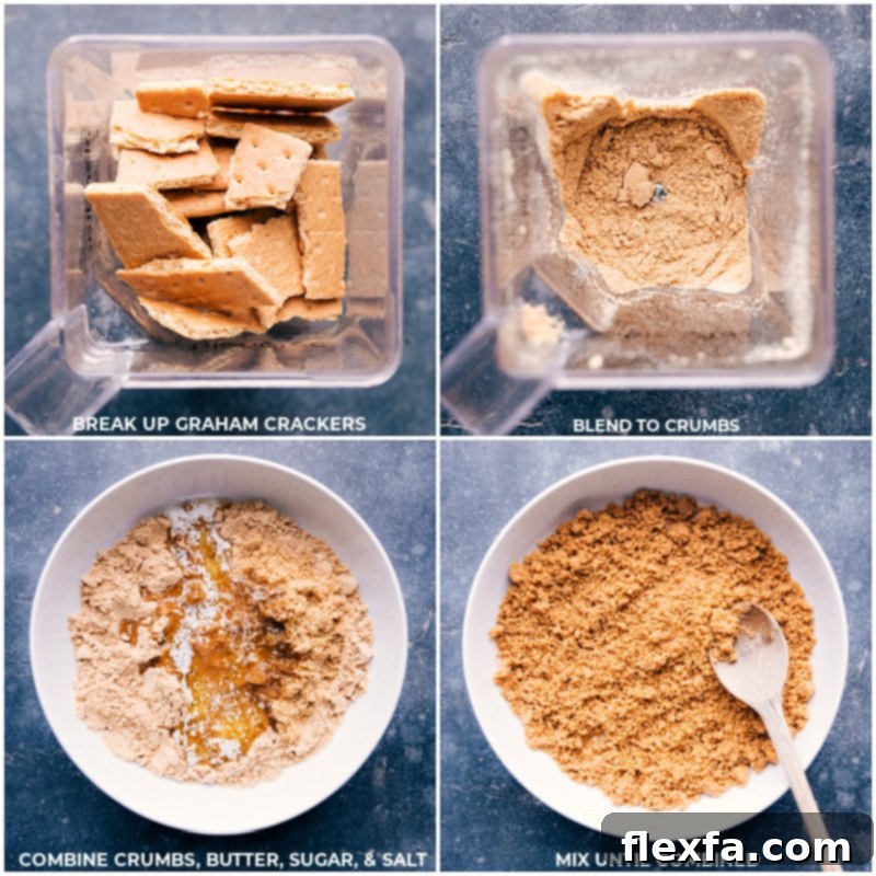 A visual guide showing the process of making the Banoffee Pie crust, from crumb preparation to pressing into the pie dish.
