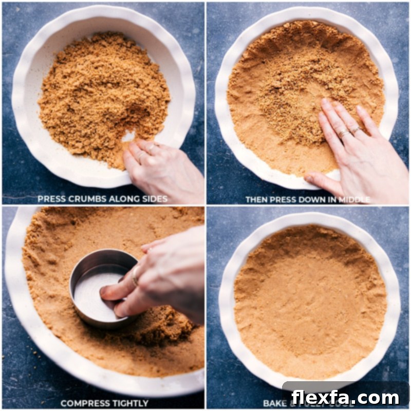 Process images showing the Banoffee Pie crust being perfectly pressed into the pie tin and then baked to a golden perfection.