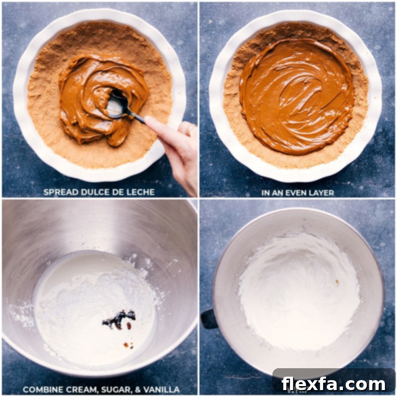 Visual steps showing dulce de leche being spread onto the cooled pie crust, followed by a generous layer of freshly whipped cream, essential for the Banoffee Pie assembly.