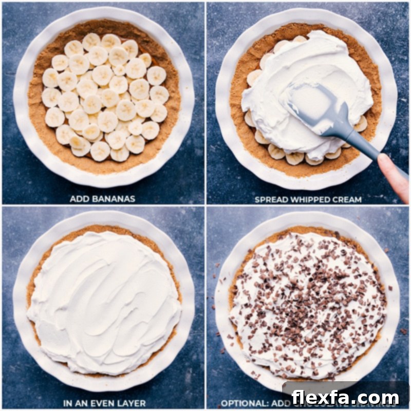 The final stages of Banoffee Pie assembly, layering fresh banana slices, followed by generous swirls of whipped cream, and topped with delicate chocolate shavings.