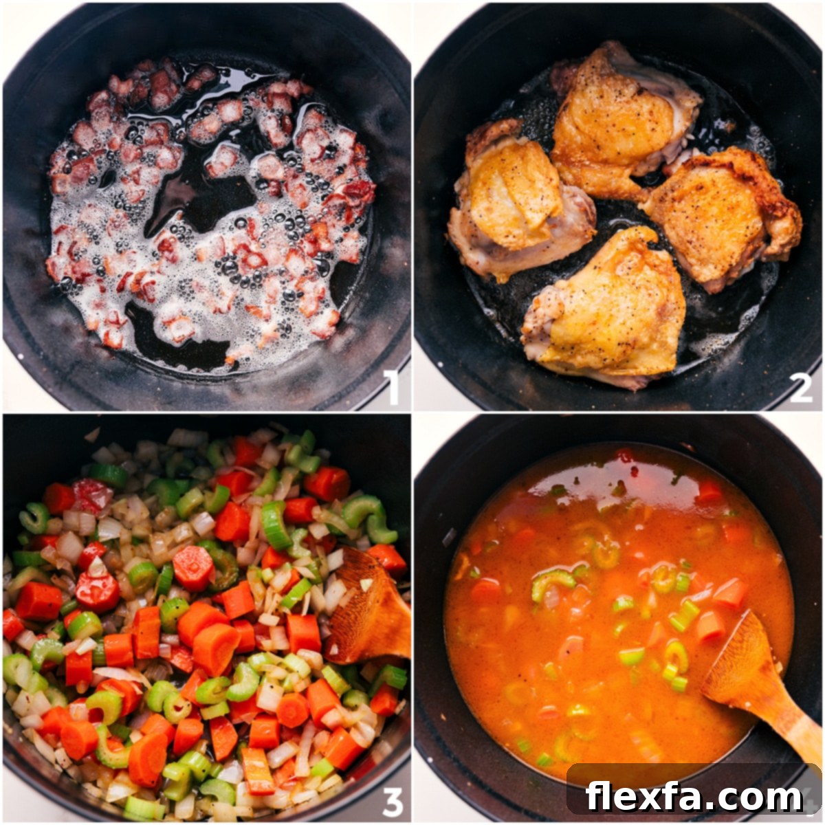 A three-panel image showing the step-by-step process of making chicken stew: 1. Sizzling bacon in a large pot, 2. Golden-brown chicken thighs searing in the leftover bacon grease, 3. Chopped vegetables sautéing in the pot, followed by broth being added to create a rich, flavorful base for the stew.