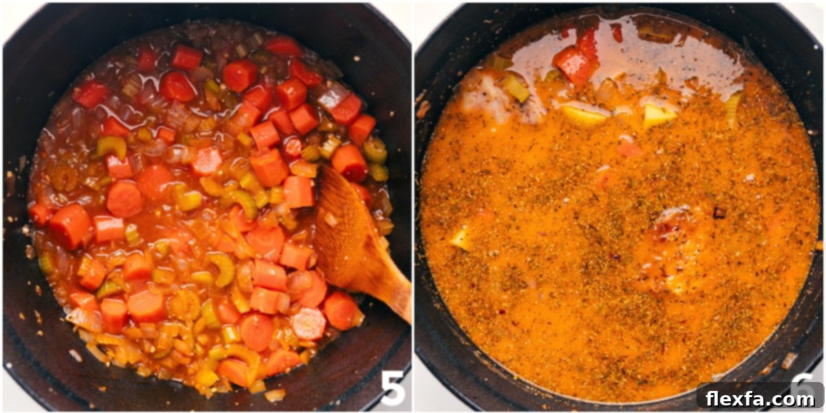 A close-up shot of the rich chicken stew simmering in a Dutch oven, revealing tender chicken, chunks of potatoes, carrots, and celery, all bathed in a thick, savory gravy, steam rising from the comforting dish.