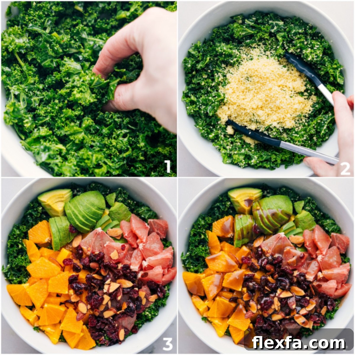 The process of making Grapefruit Salad, showing kale, couscous, nuts, and fruit being added to a bowl and dressed.
