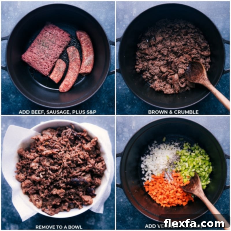 Slow-Cooked Ragu Perfection 3 Process shots showing ground beef and Italian sausage browning in a pot, followed by finely diced vegetables cooking until softened.