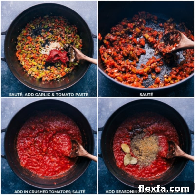 Slow-Cooked Ragu Perfection 4 Process shots of Ragu showing garlic, tomato paste, crushed tomatoes, and a blend of seasonings with Worcestershire sauce being sautéed to create the base of the rich sauce.