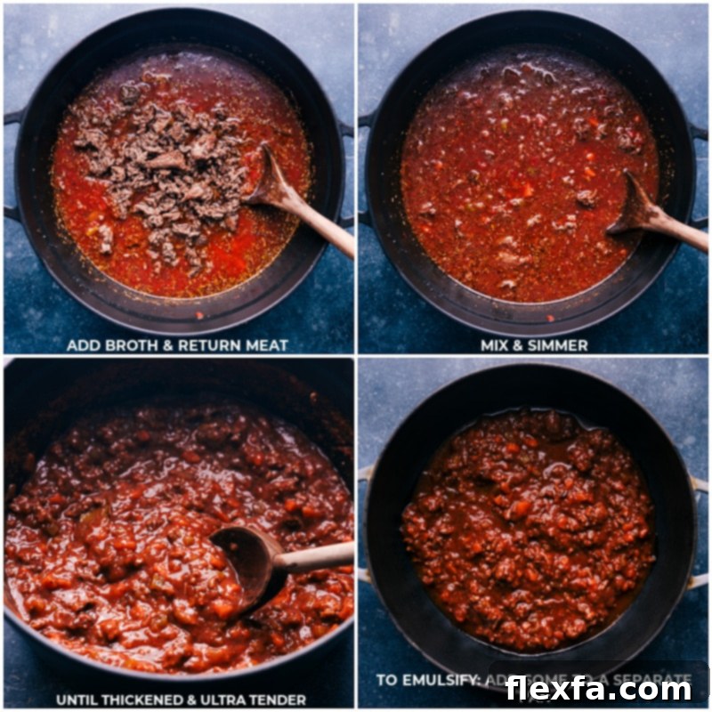 Slow-Cooked Ragu Perfection 5 Process shots showing beef broth and red wine being added to the pot with the browned meat, then the entire Ragu simmering slowly on the stovetop.