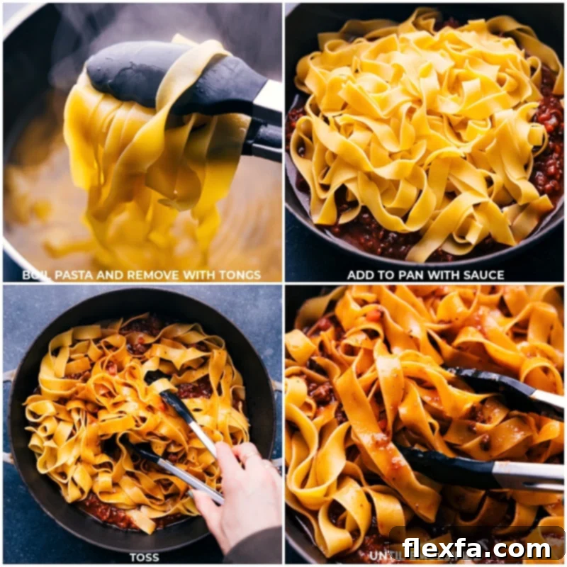 Slow-Cooked Ragu Perfection 6 Process shots of Ragu showing cooked pappardelle noodles being tossed into the rich meat sauce, ensuring every strand is coated.