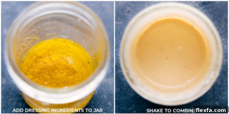 Process shots showing all tahini dressing ingredients being combined in a jar