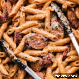 Close-up image of Sausage Alfredo Pasta in a bowl