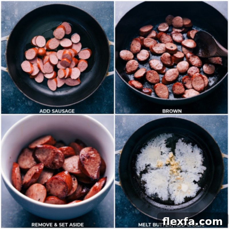 Process shots of cooking sausage and adding butter and garlic for Alfredo sauce