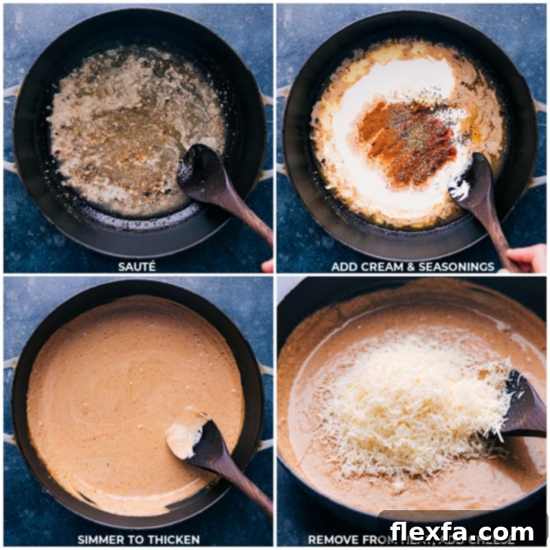 Process shots of creamy Alfredo sauce being made in a pan