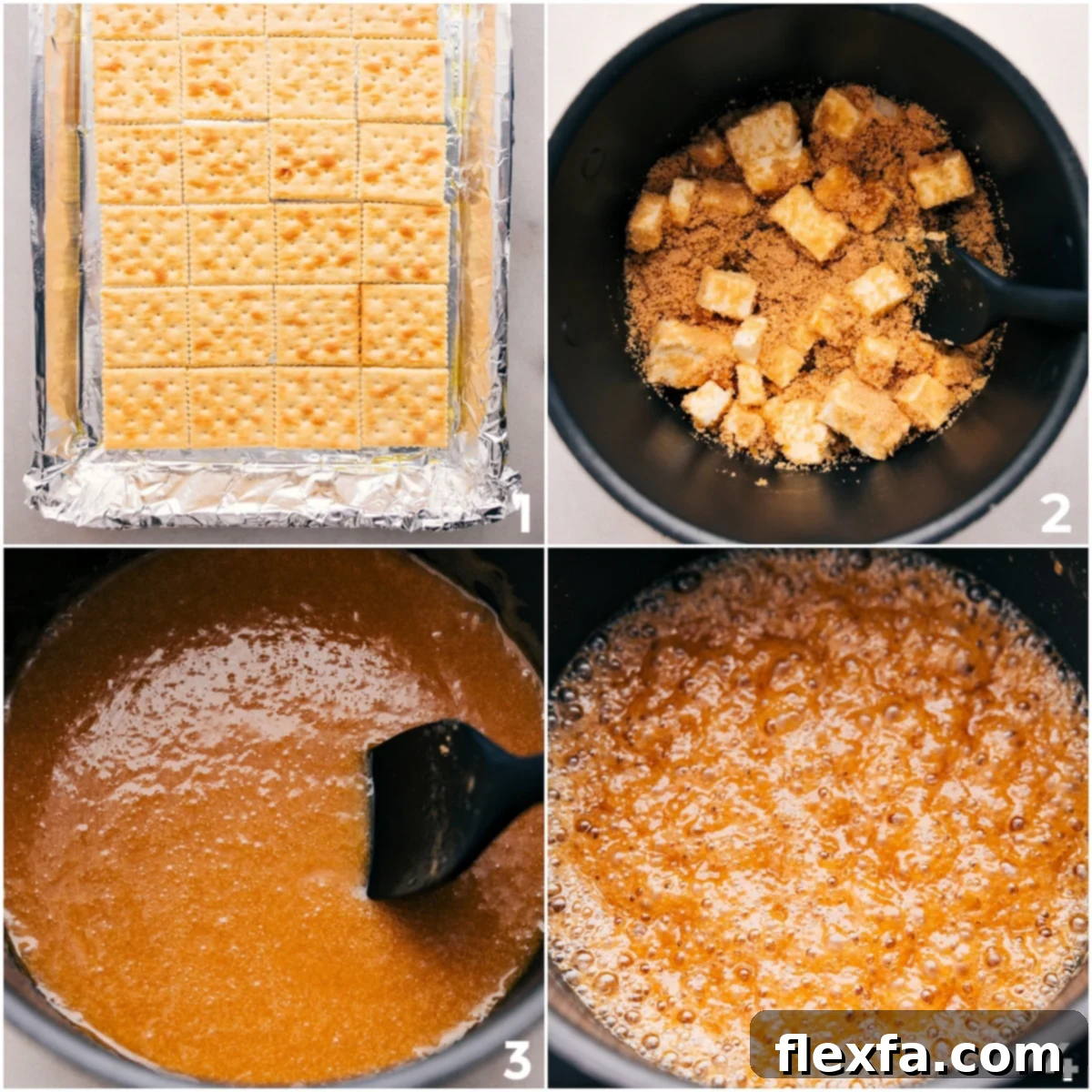 Saltines are laid out on a foil-lined sheet pan while brown sugar and butter boil together for Christmas crack.