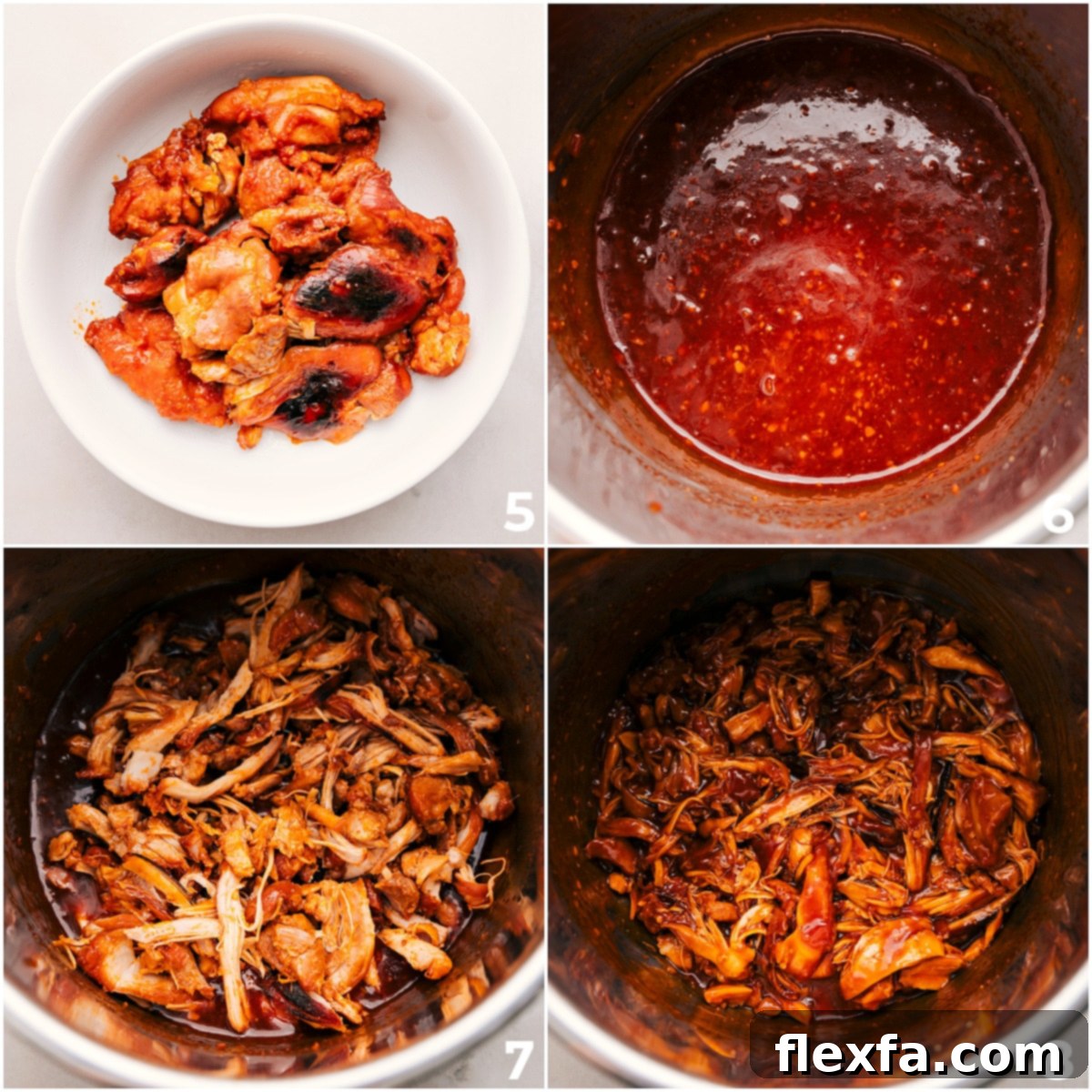 After cooking, remove, shred, and return the tender chicken meat to the sticky honey garlic sauce, tossing everything together for a delicious dinner.