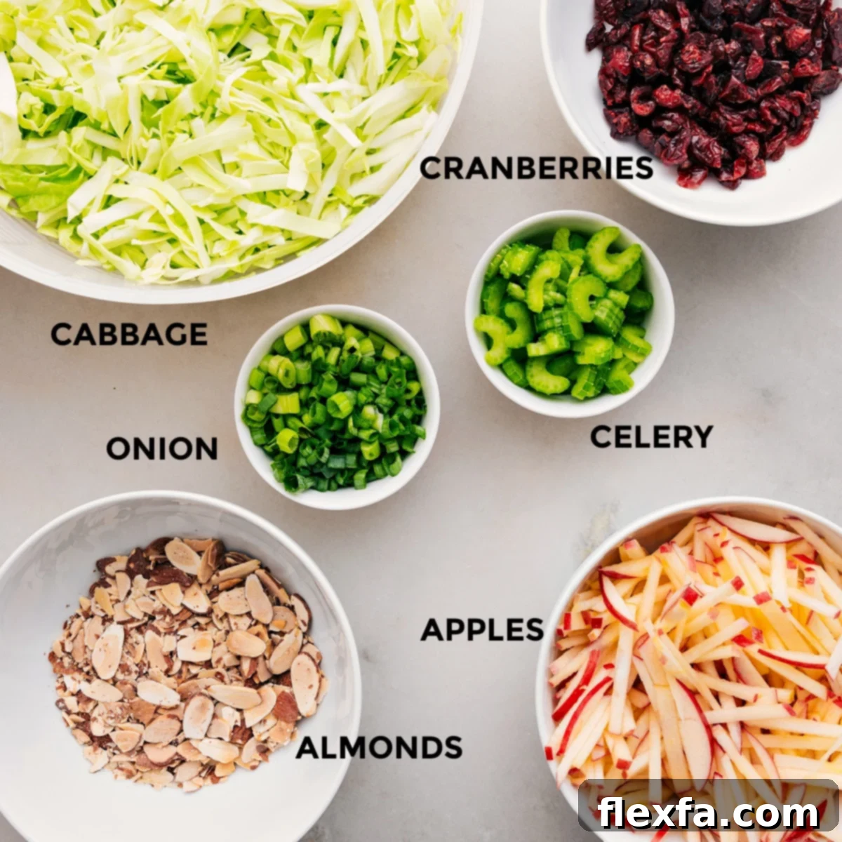 All the fresh ingredients for apple coleslaw including cabbage, apples, celery, green onions, almonds, and cranberries, prepped out for easy assembly.