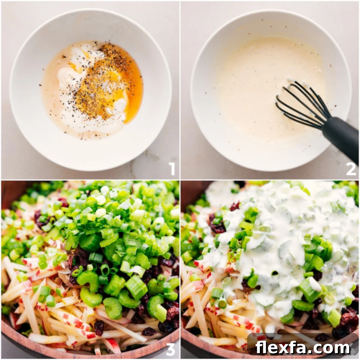The creamy dressing being whisked together in a bowl and then poured over the assembled apple coleslaw ingredients in a large bowl, showing the preparation process.