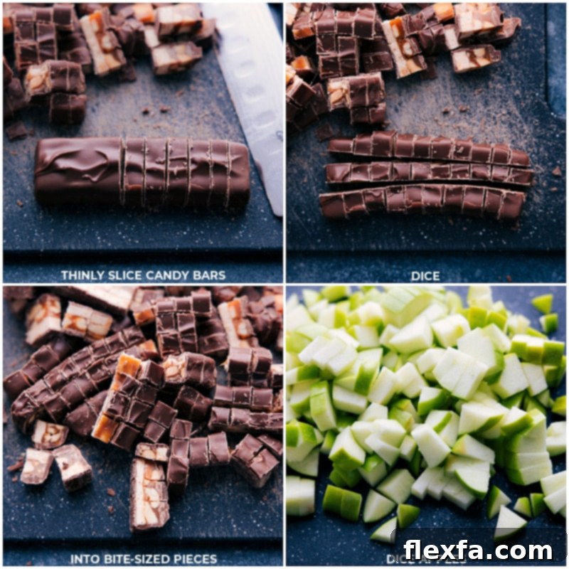 Process shots showing the preparation of Snickers Salad: a close-up of Snickers candy bars being chopped into bite-sized pieces and green Granny Smith apples being diced on a cutting board.