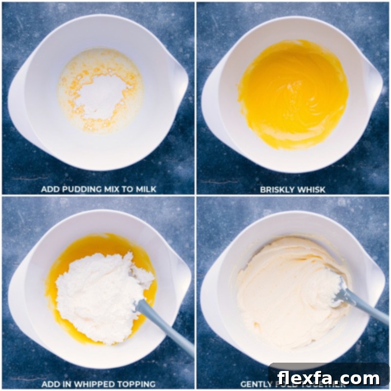 Process shots of Snickers Salad preparation: a close-up of instant vanilla pudding mix being whisked with milk in a large bowl, followed by whipped topping being folded in until smooth and creamy.