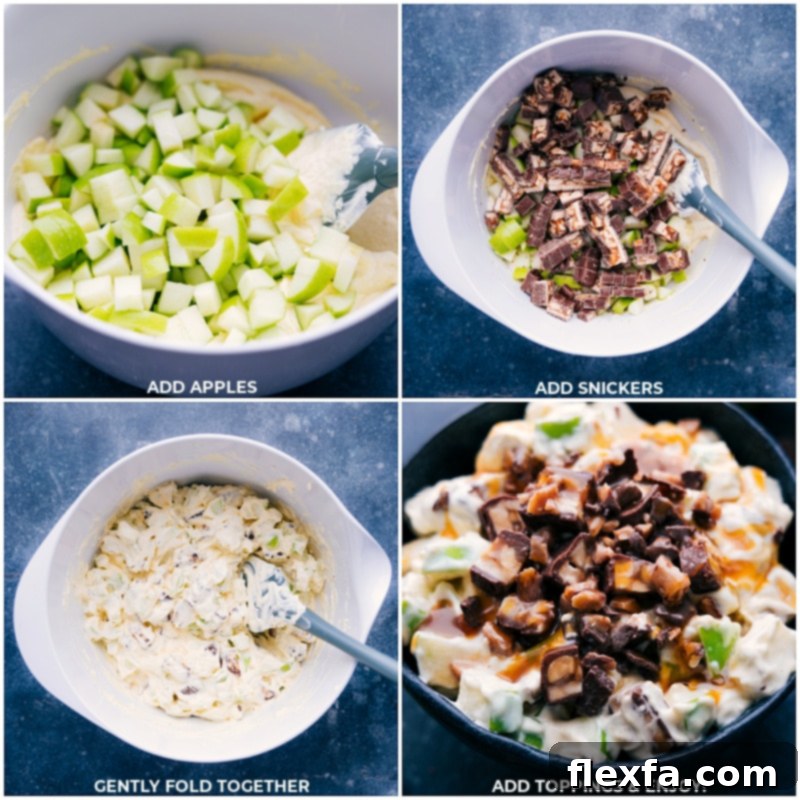 Process shots of Snickers Salad assembly: diced Granny Smith apples and chopped Snickers bars being gently added to the creamy vanilla pudding and whipped topping mixture in a large mixing bowl.