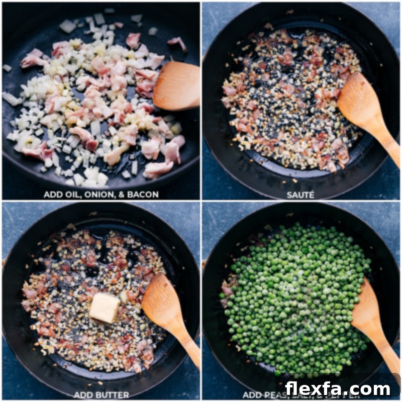 Process shots showing olive oil, diced onion, bacon, frozen peas, butter, salt, and pepper being added to a pan.