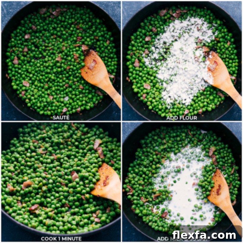 A close-up shot of the fresh ingredients for Creamed Peas, including a block of Parmesan cheese, a bag of frozen peas, diced bacon, and a yellow onion.
