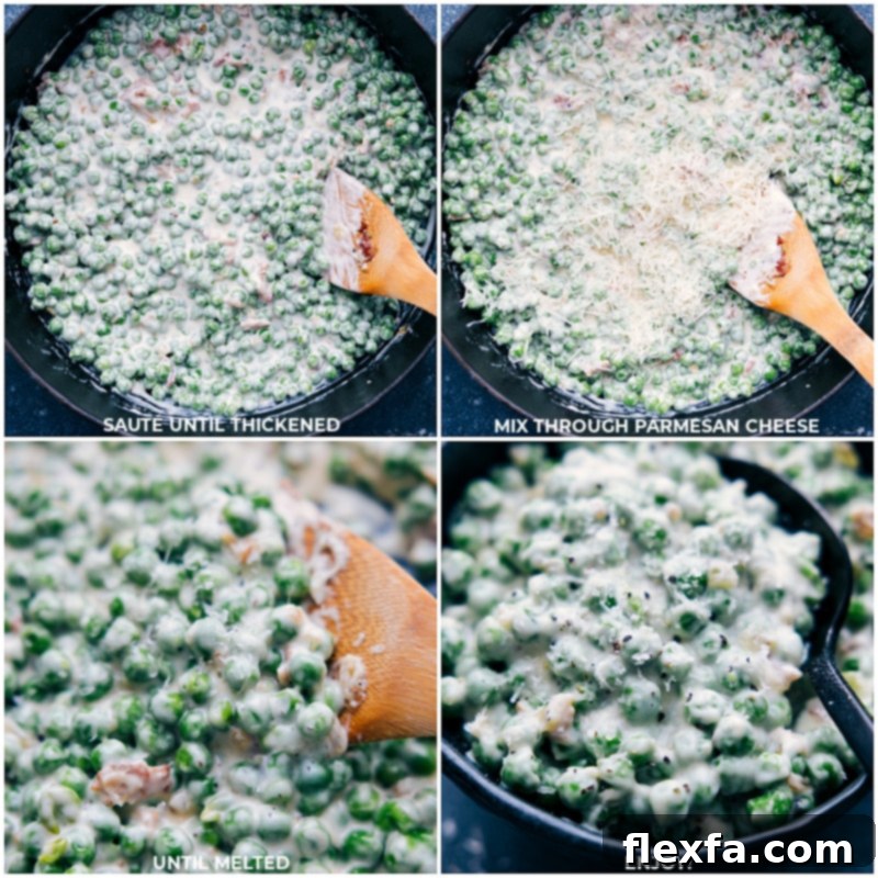 Process shots of Creamed Peas showing the sauce thickening after milk is added, and then freshly grated Parmesan cheese being folded in.