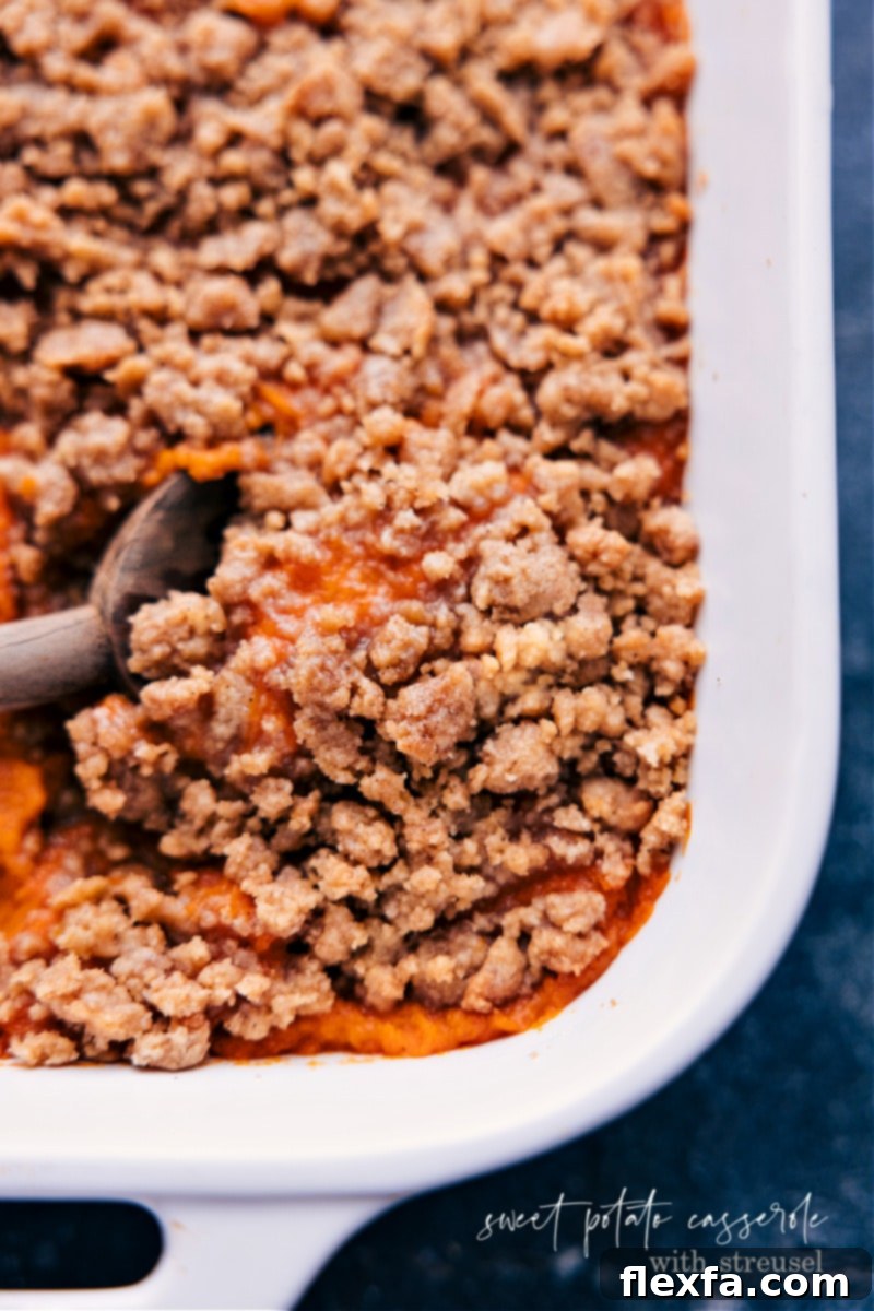 Overhead image of the Sweet Potato Casserole with a spoonful taken out